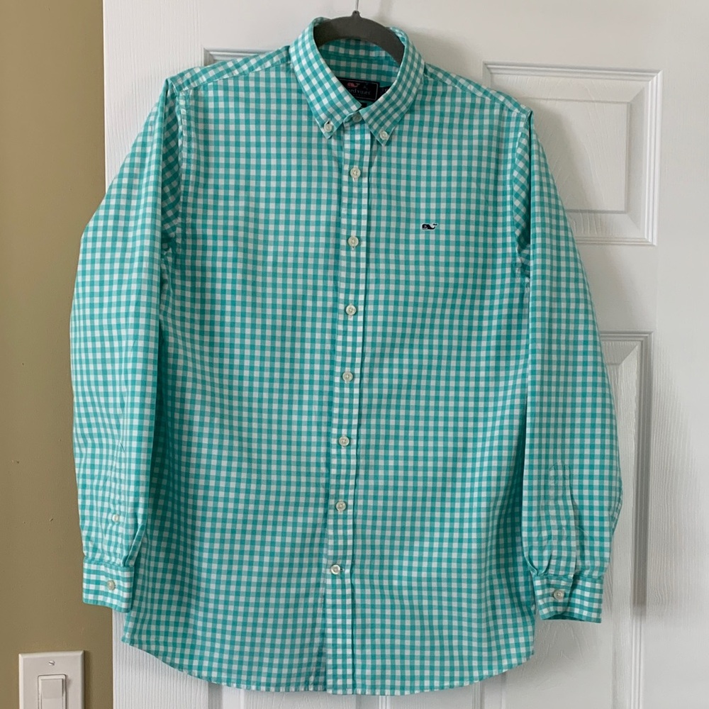 Vineyard Vines Boys Turquoise Gingham Button-Down Shirt XL